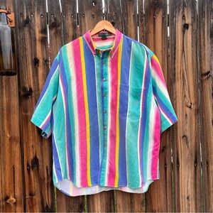 Vintage Colorful Striped Short Sleeve Retro Button Down Shirt, Men’s Size XL